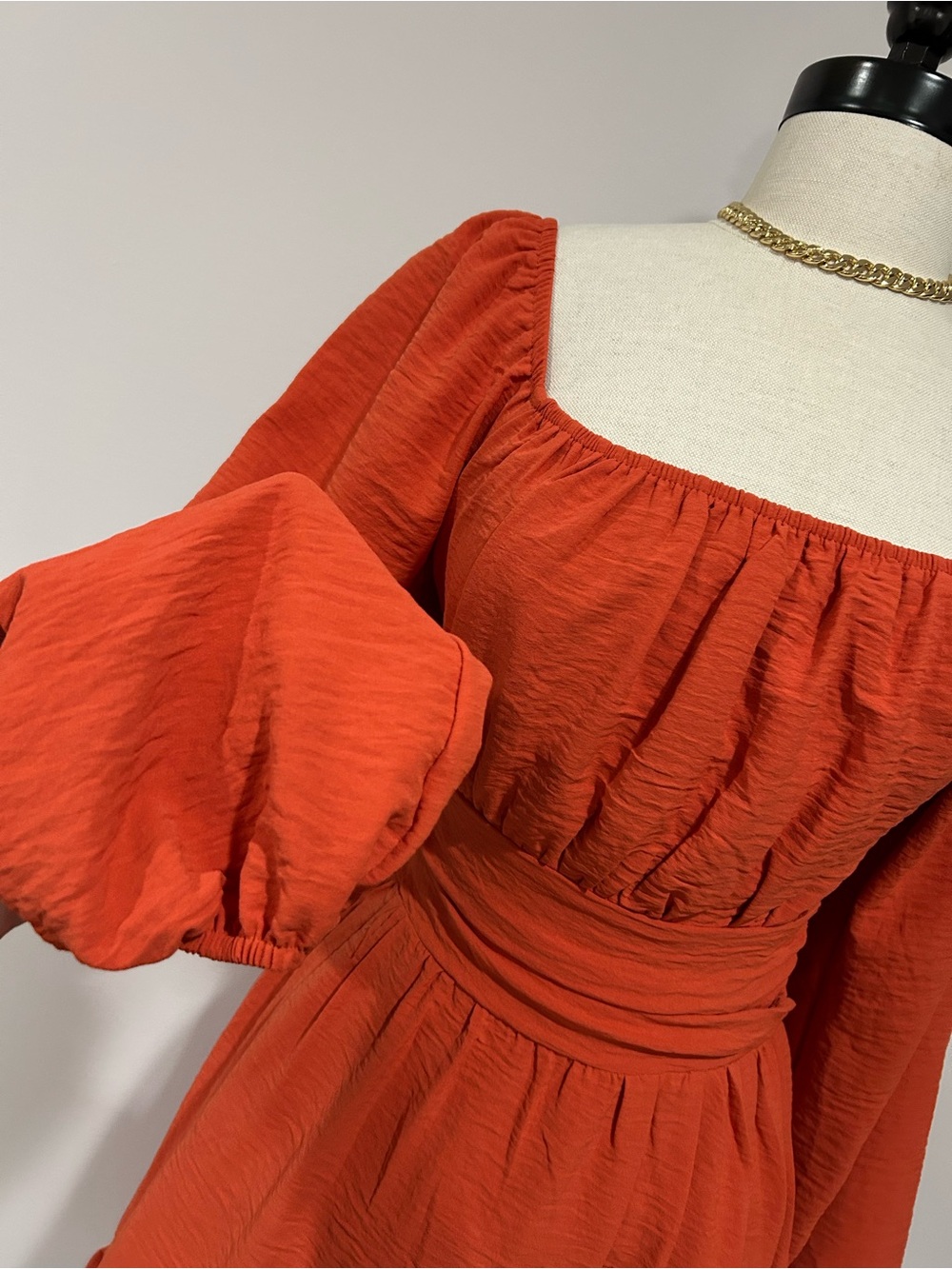 Square Neck Long Sleeve Ruffle Hem Dress in Vibrant Orange - Picture 2 of 8